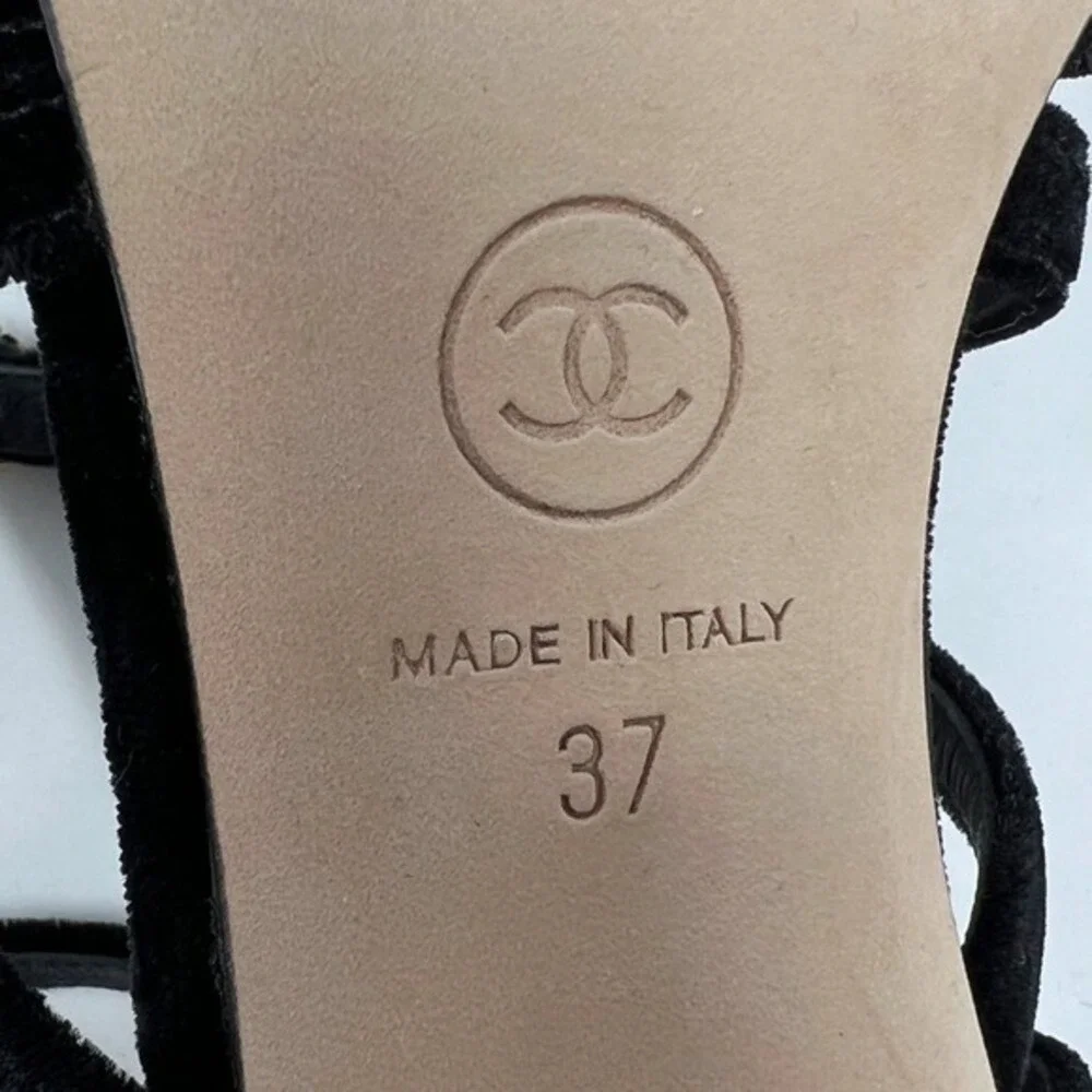 Chanel Black Velvet Patent Leather Strappy‎ Heels CC Logo 37